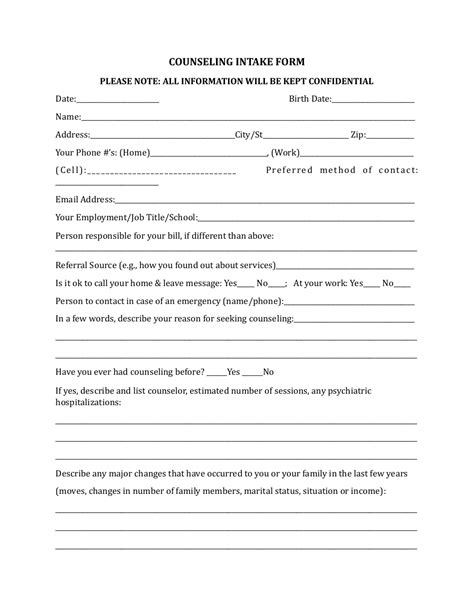 counseling intake form  printable  templateroller