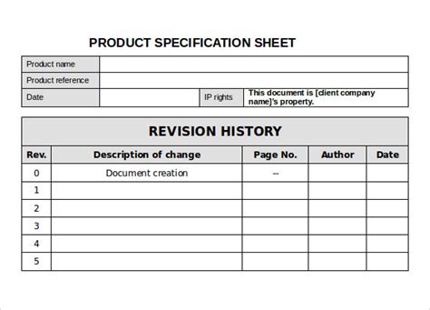 product spec sheet template exceltemplate