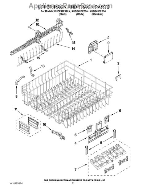 kitchenaid dishwasher parts upper rack diagram parts  kitchenaid kudsfxss upper rack