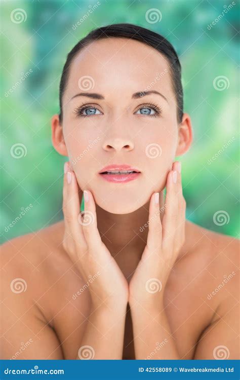 Beautiful Nude Brunette Posing With Hands On Face Stock Image Image
