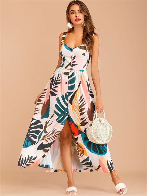 button  tropical print maxi dress tropical print maxi dress