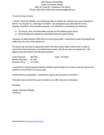 sample letter  purchase property  letter  intent  purchase