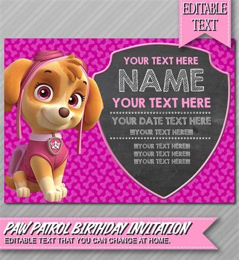 paw patrol invitation instant  skye  epartyprintables paw