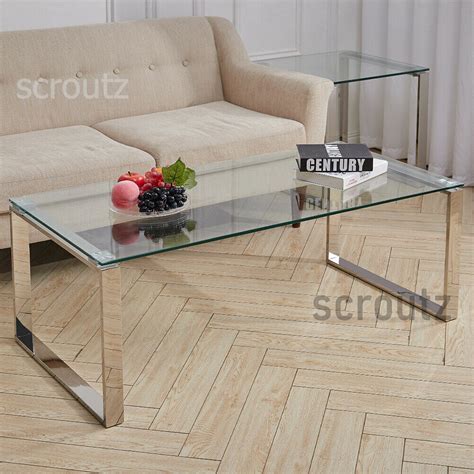 clear glass coffee table large silver unit modern chrome legs etsy