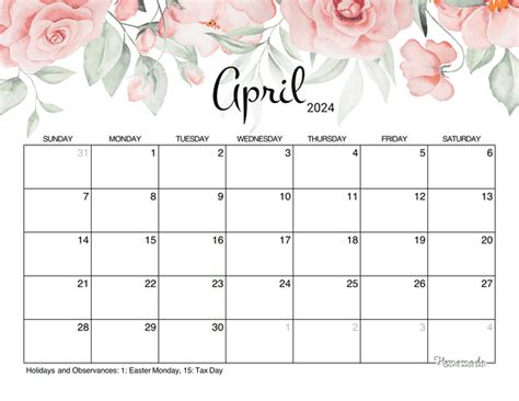 april  calendar  printable  holidays