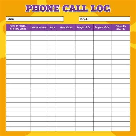 printable printable call log template