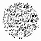 Mandala Owls Shape Adults 30seconds Colorazione Gufi Cerchio Uccelli Carini Bollo sketch template