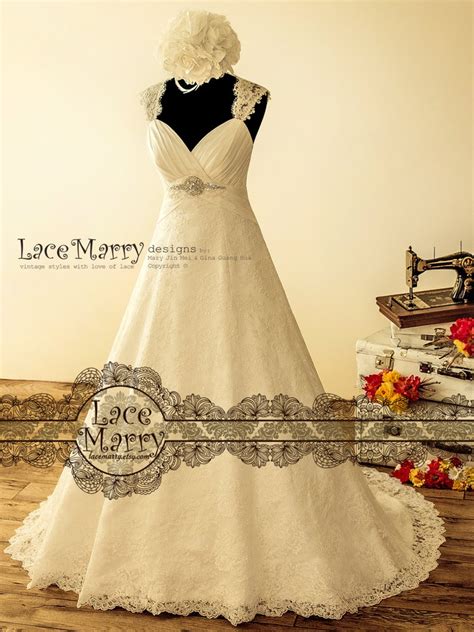 stately lace wedding dress in wide a line with queen anne etsy