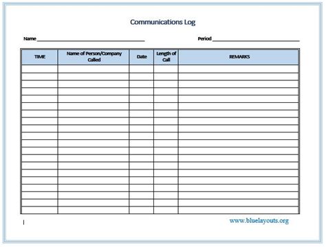 communication log templates blue layouts  word template