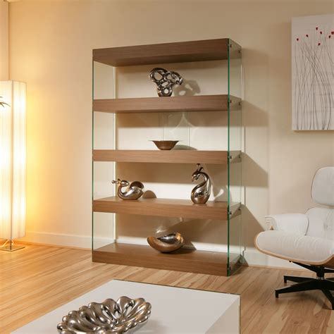 Display Cabinet Shelving Unit Shelves Walnut Glass Modern New Ebay