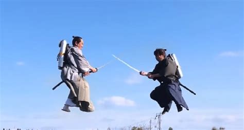 two samurais fighting with katanas in mid air using jetpacks is all you need today
