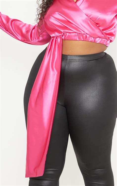 plus hot pink satin wrap crop blouse prettylittlething usa