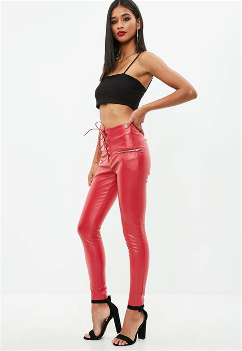 missguided red lace up faux leather pants lyst
