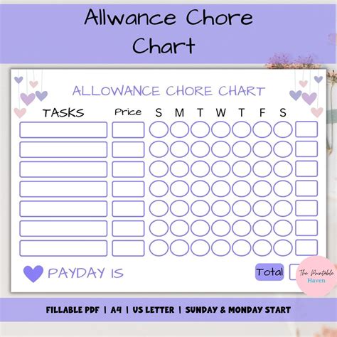 allowance chore chart editable   earn money allowance inspire