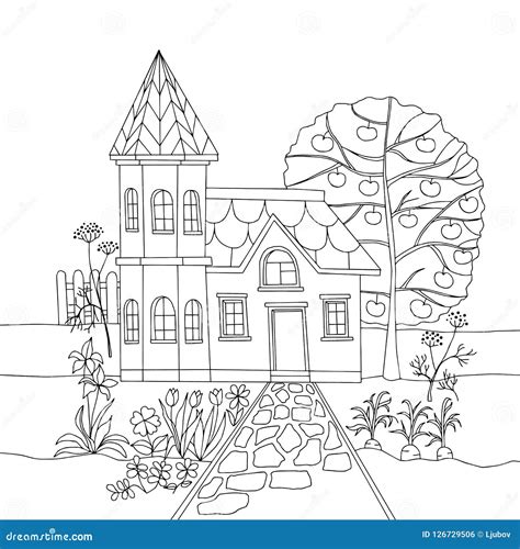 coloring book  country house  garden vector illustration stock