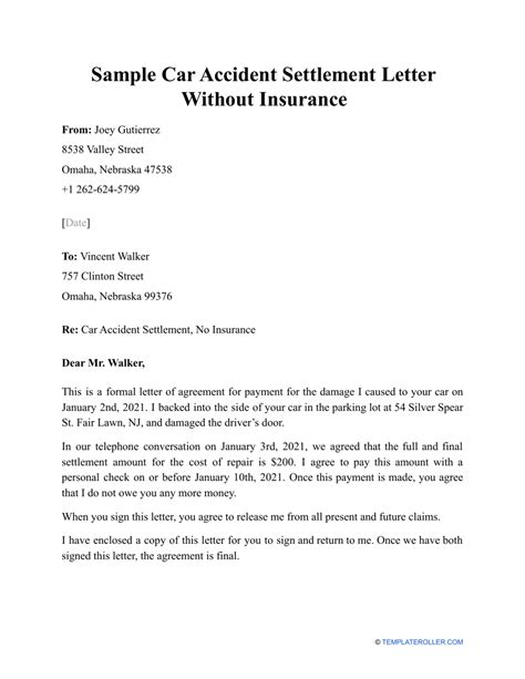 sample car accident settlement letter  insurance