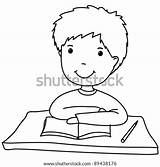 Boy Table Sitting Cartoon Cute Coloring Line Shutterstock Vector Stock sketch template