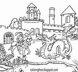 Coloring Castle Dragon Knight Pages Medieval Drawing Printable Fighting Castles Kids Fantasy Color Knights Kingdom Magic Camelot Princess Print Colour sketch template