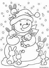 Coloring Bunnies Winter Snowman Pages Cute Printable Print sketch template