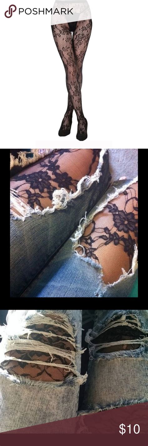 lace pantyhose w floral design black ripped jeans look patterned
