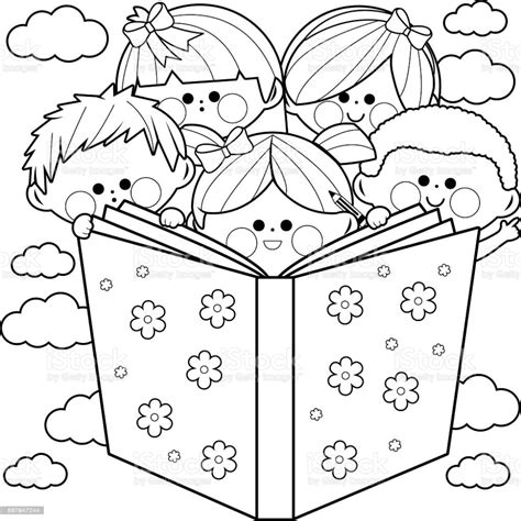 children reading  book coloring book page vektornaya grafika