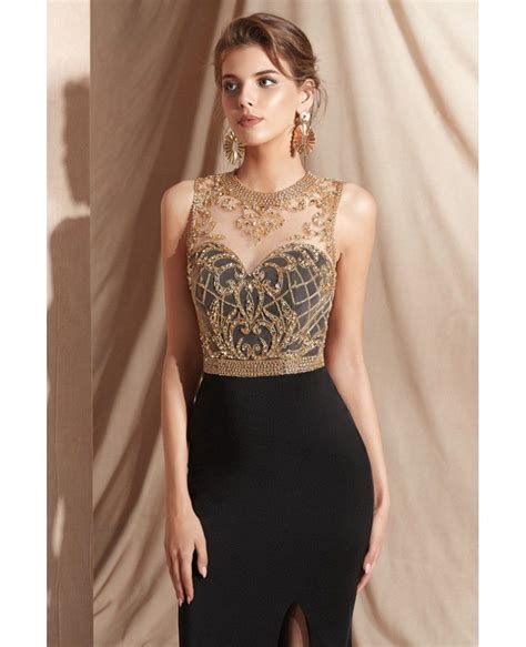 Sexy Mermaid Black With Gold Beading Prom Dress With Slit Front 27011