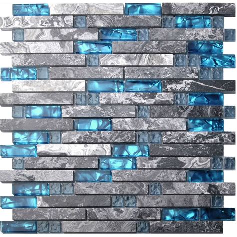 Home Building Glass Tiles Wall Interlocking Gray Marble Blue Sea