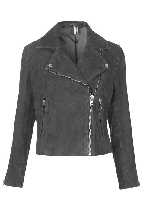 lyst topshop womens suede leather biker jacket grey  gray
