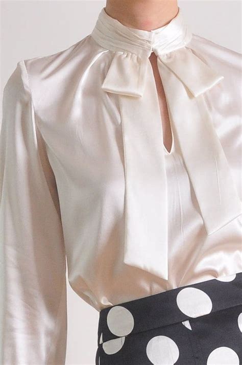 luxury white silk satin long sleeves bow tie blouse shirt pretty