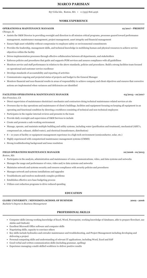 operations and maintenance manager resume sample 2022