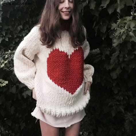 Vintage Women Chunky Big Heart Sweater Winter Spring Long Sleeve