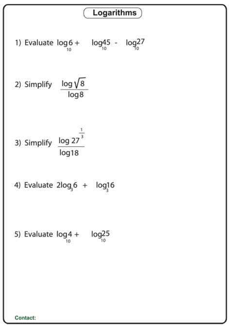 logarithms worksheet  answer key printable