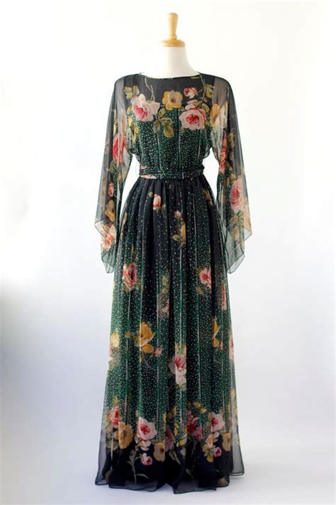 black floral flowy maxi dress vintage 70s sheer dress floral rose
