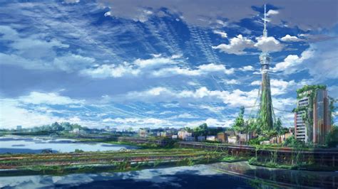 wallpaper pemandangan cityscape anime refleksi karya