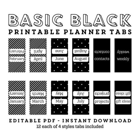 printable planner tabs basic black editable