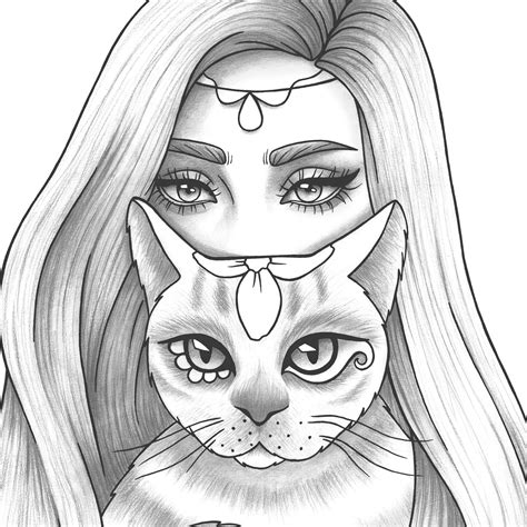 printable coloring page girl portrait  cat colouring sheet