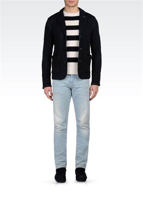 lyst armani jeans singlebreasted heather jersey jacket with leather details in blue for men