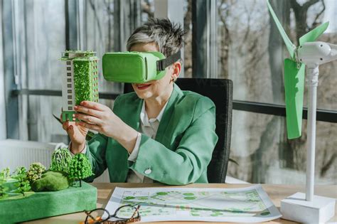Geschäftsfrau Mit Virtual Reality Simulator Und Biophilem