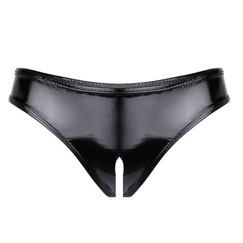 Womens Black Leather Open Crotch Panties