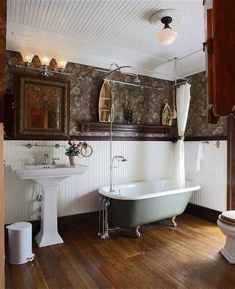Vintage Farmhouse Bathroom With A Wooden Floor And White