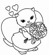 Coloring Valentine Pages Valentines Kids Kitten Simple Flowers Hearts sketch template