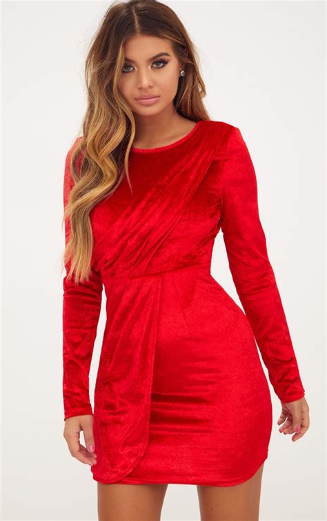 red long sleeved velvet wrap detail bodycon dress prettylittlething