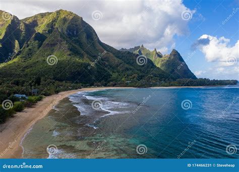 aerial drone shot  tunnels beach   north shore  kauai  hawaii stock image image