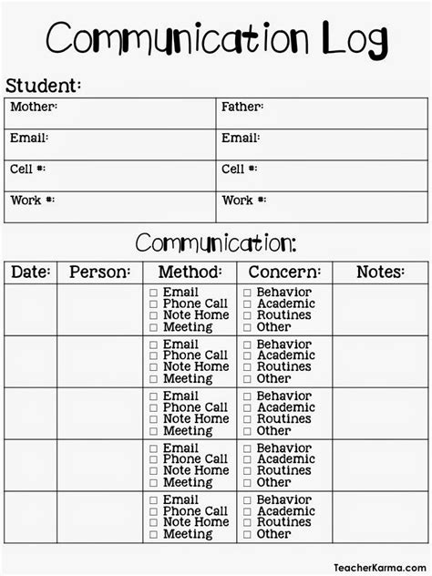 printable parent communication log  teachers printable templates