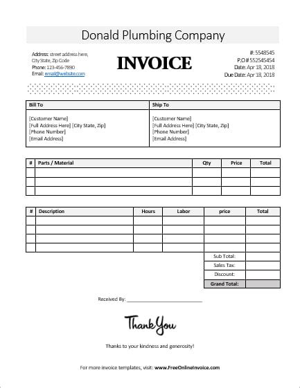 general labor  material invoice template  ms word