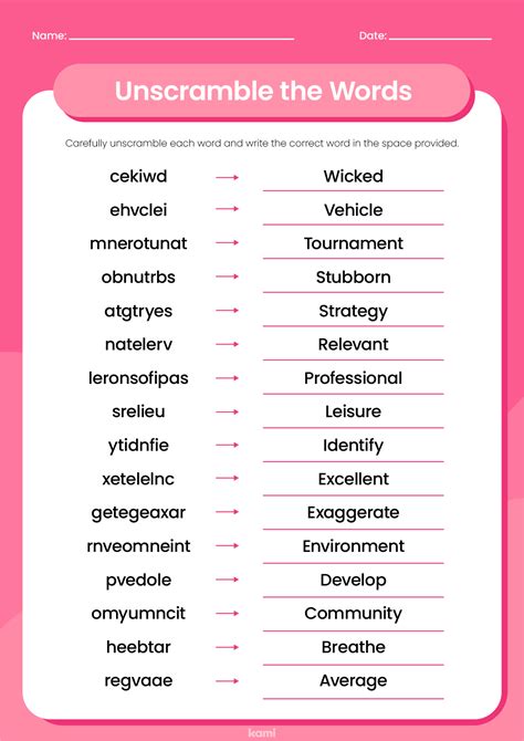 unscramble  words worksheet answer key  teachers perfect