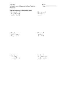 solving systems  equations   variables worksheet