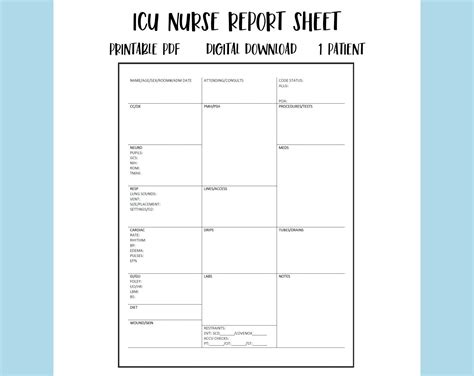 printable icu nurse report sheet open format nurse brain etsy canada