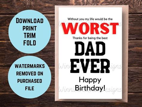printable dad birthday card funny dad birthday card  dad etsy