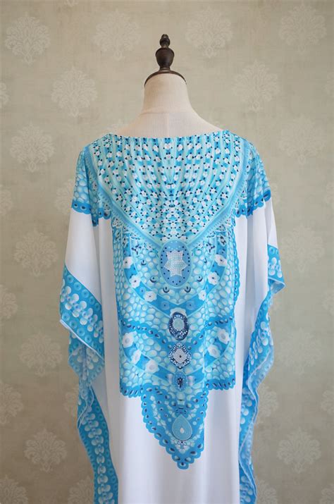 oversize ocean blue bohemian printed kaftan beach dress  size tunic women summer beachwear